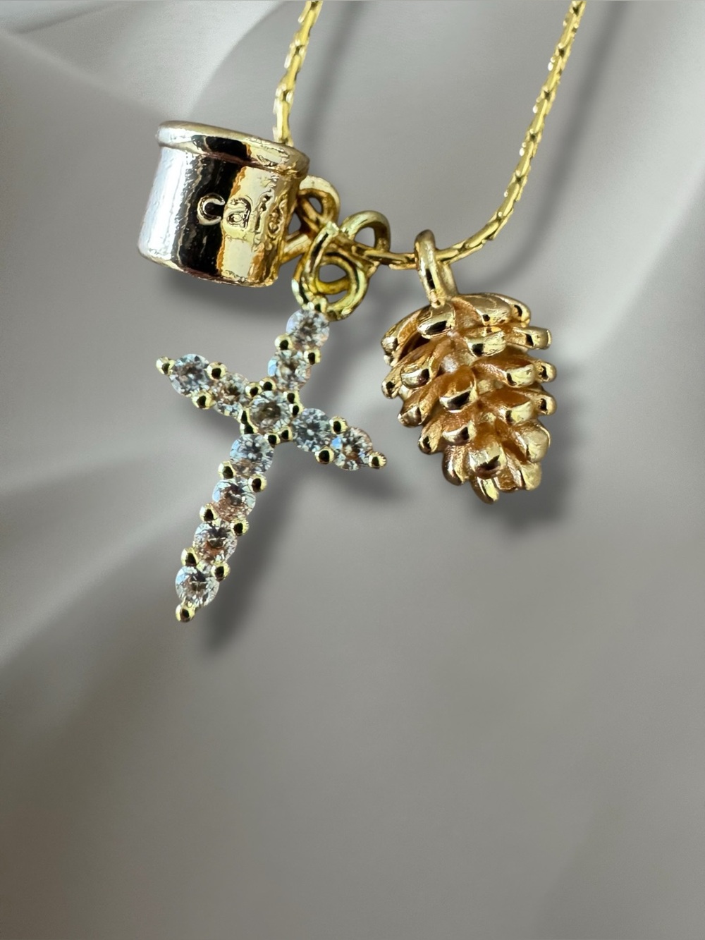 Gold Cross, Coffee Mug, &Pinecone Charm Necklace